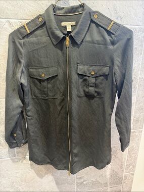 Burberry Zip Front Utility Shirt Blouse Olive Green with COA